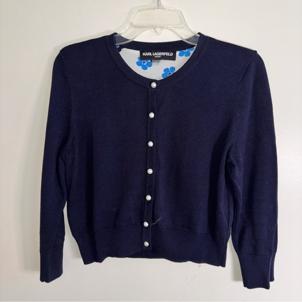 Karl Lagerfeld Paris Navy Blue Cardigan Sweater Size Small Pearl Buttons Floral